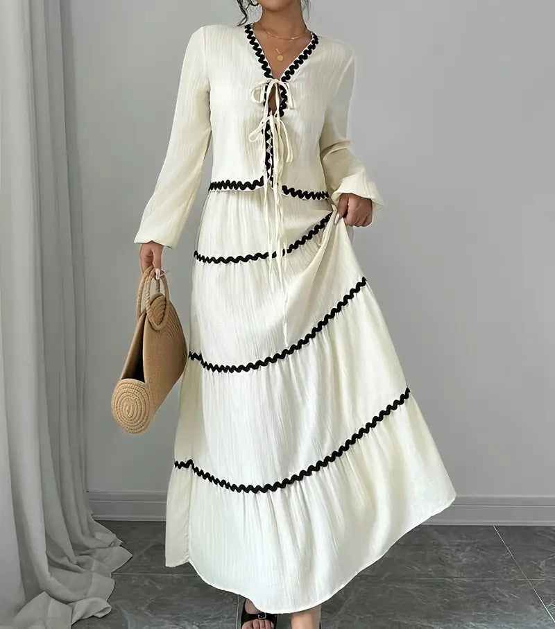 Women's Lace Layered Pleated Lantern Sleeve Bow Shirt and Matching Skirt Two-Piece Set