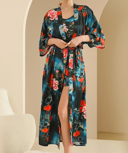 Printed Ice Silk Bathrobe Set for Women - Summer Mid-Sleeve Plus Size Bridal Morning Robe