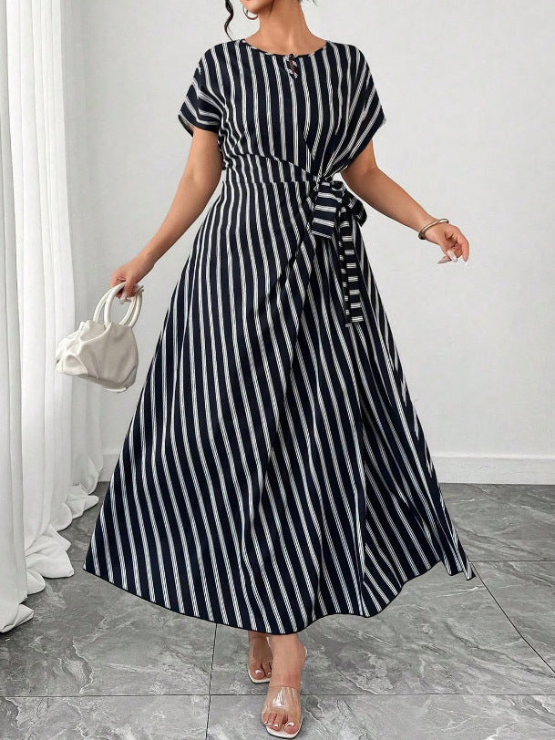 Women's Plus Size Striped Round Neck Tie-Waist Loose Fit Dress