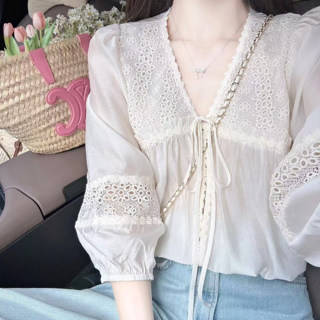 New Fashion V-Neck Embroidered Shirt for Women – Elegant Casual Long Sleeve Lightweight Top