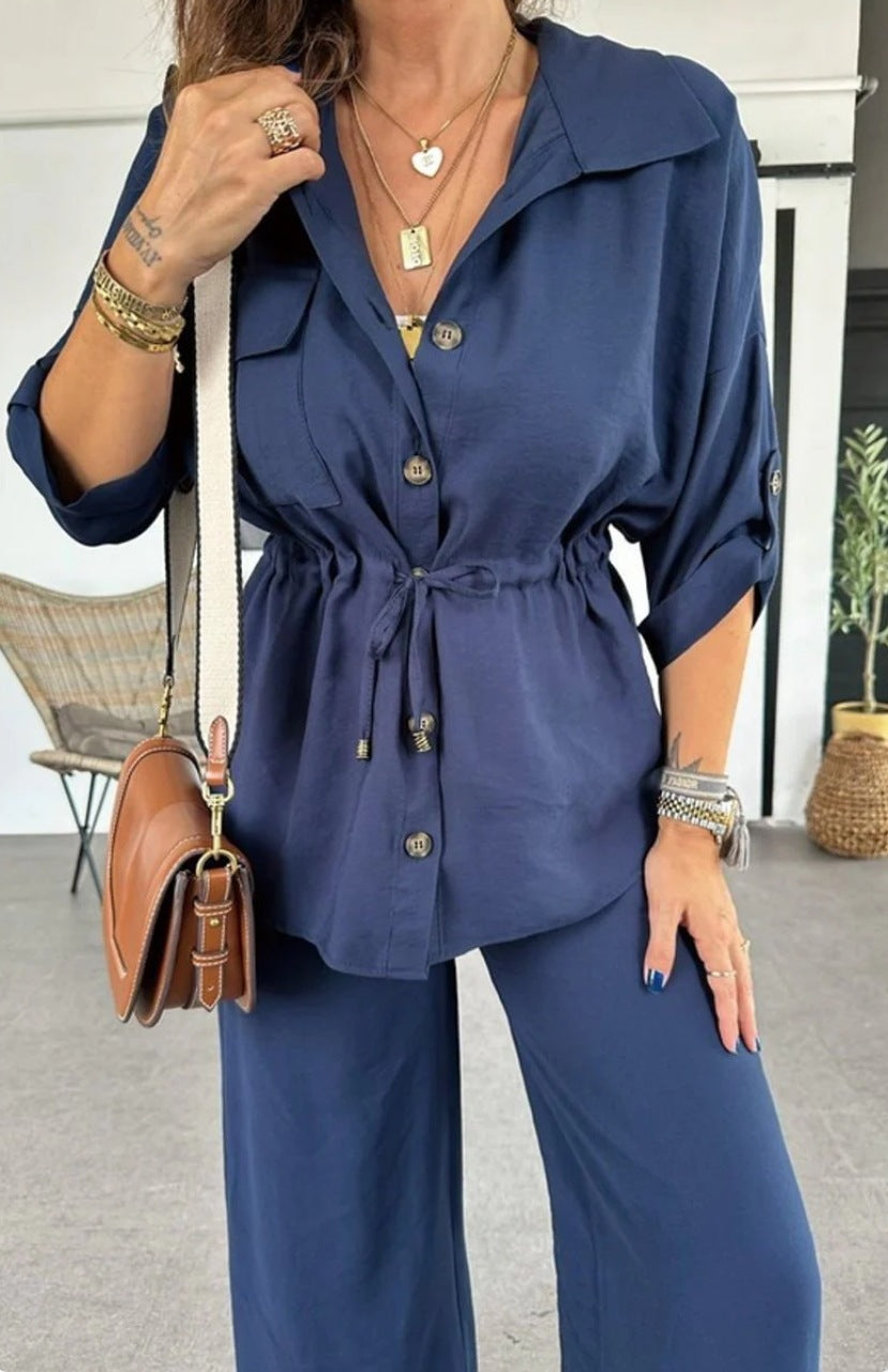 Title Women's Loose Casual Solid Color Drawstring Button 2-Piece Outfit with Patch Pockets