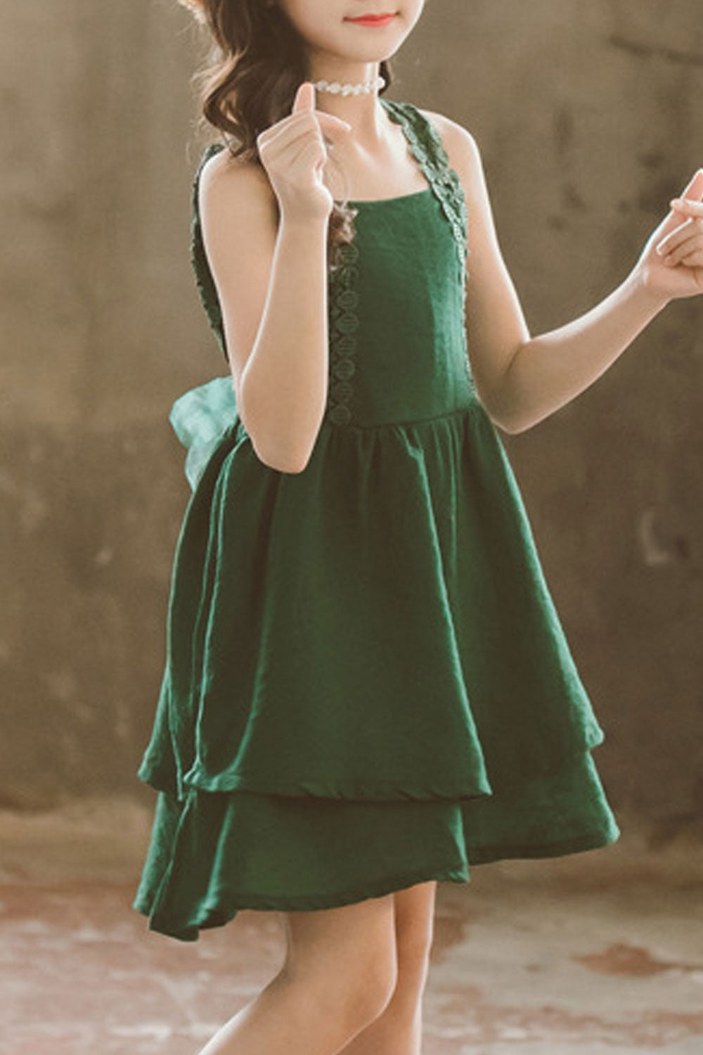Kids Girls Elegant Solid Pattern Square Neck Convenient Lightweight Summer Dress