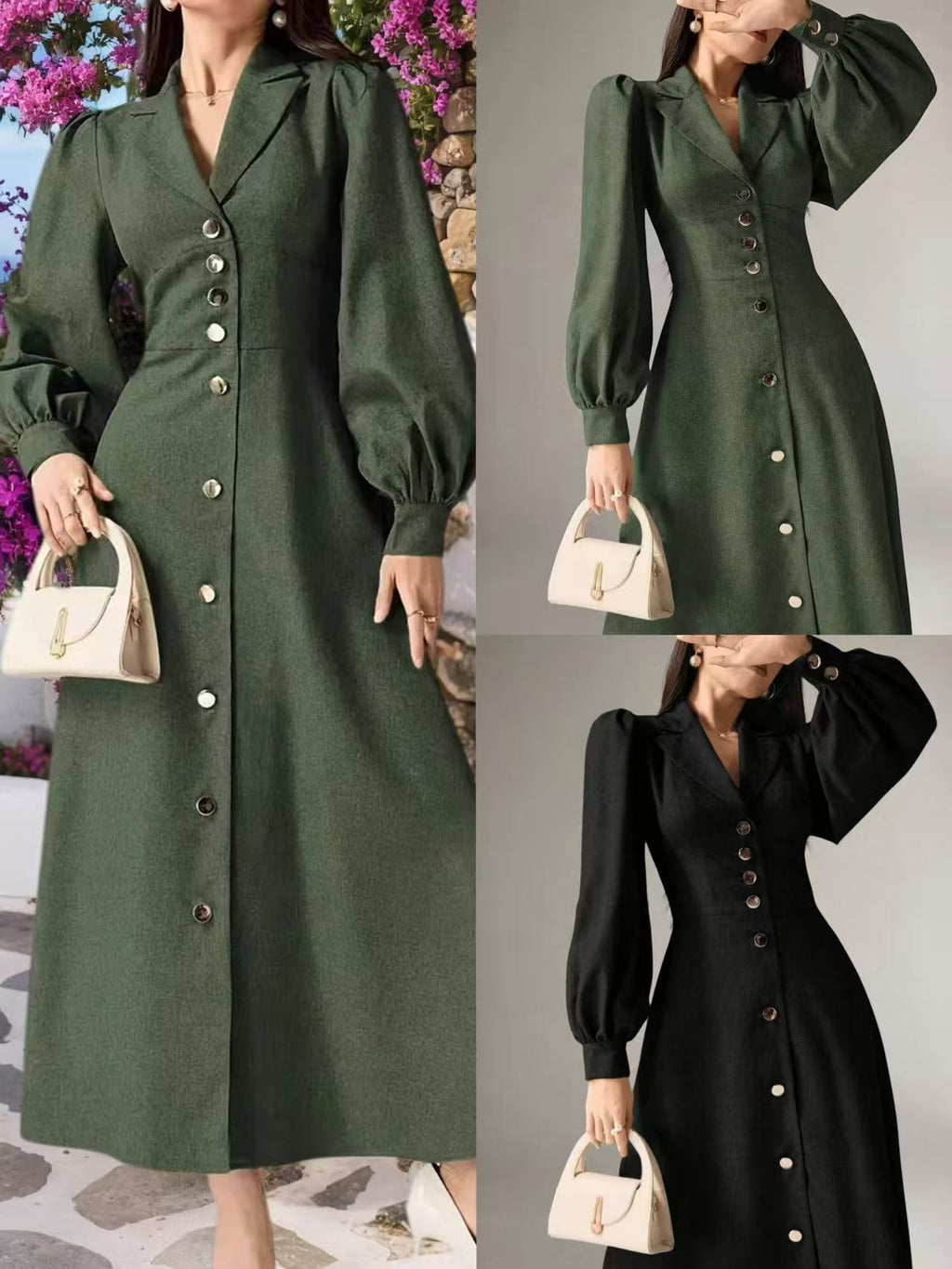 Women's Solid Color Puff Sleeve Button Front Casual Midi Dress