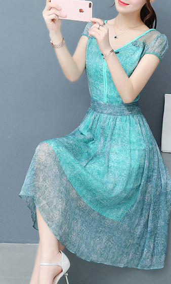 Women Chiffon Lace Sleeve Party Dress