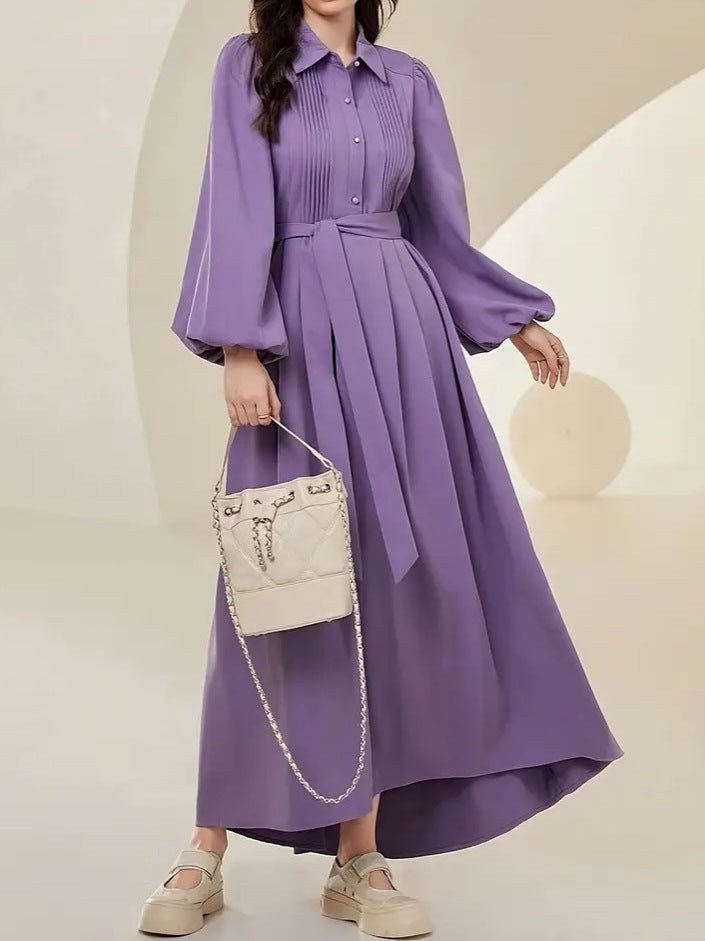 Women's Solid Color Pleated Long Sleeve Lace-Up Waist Dress with Flattering Fit