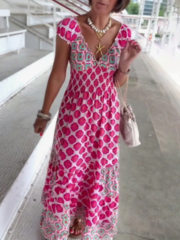 Women's Summer Print V-Neck Short Sleeve Elegant Dress