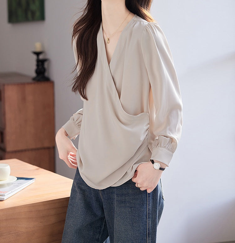 Women's Spring & Autumn Apricot V-Neck Long Sleeve Top