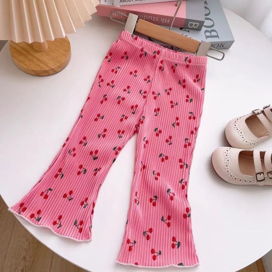 Girls’ Summer Wave Dot Floral Ice Silk Flared Pants - RAC26JP5429BATB