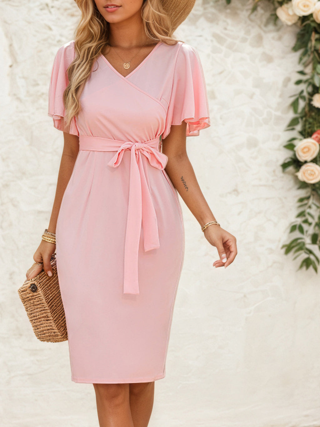 Women's V-Neck Waist Tie Side Slit Bodycon Midi Dress – Elegant Lace-Up Party & Evening Dress