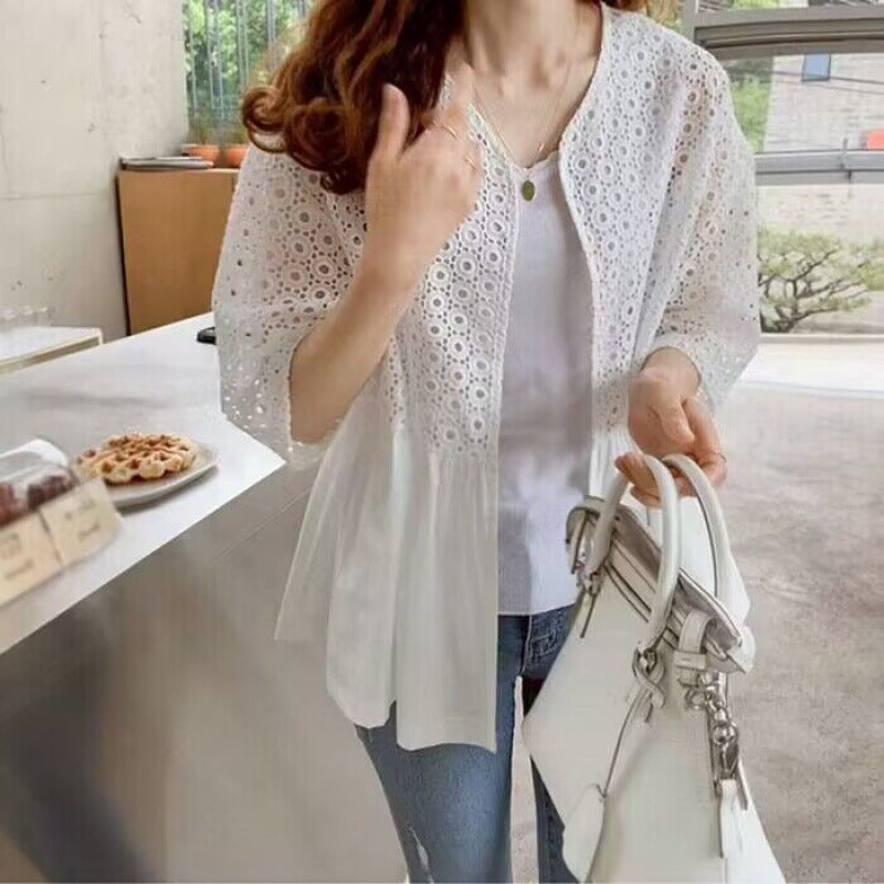 Women's Loose Lace Cotton Linen Cardigan Shirt – Lightweight Sun Protection Airy Jacket