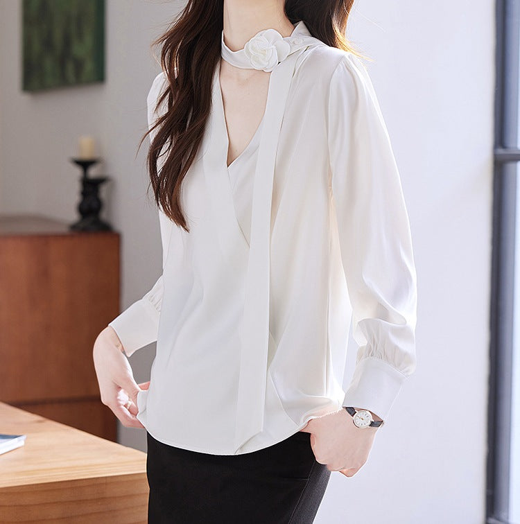 Women's Ruffled Strap Chiffon Shirt - Stylish Elegant Long Sleeve Top