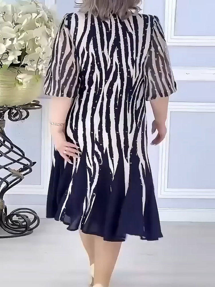 Elegant Printed Crewneck Striped Dress for Women