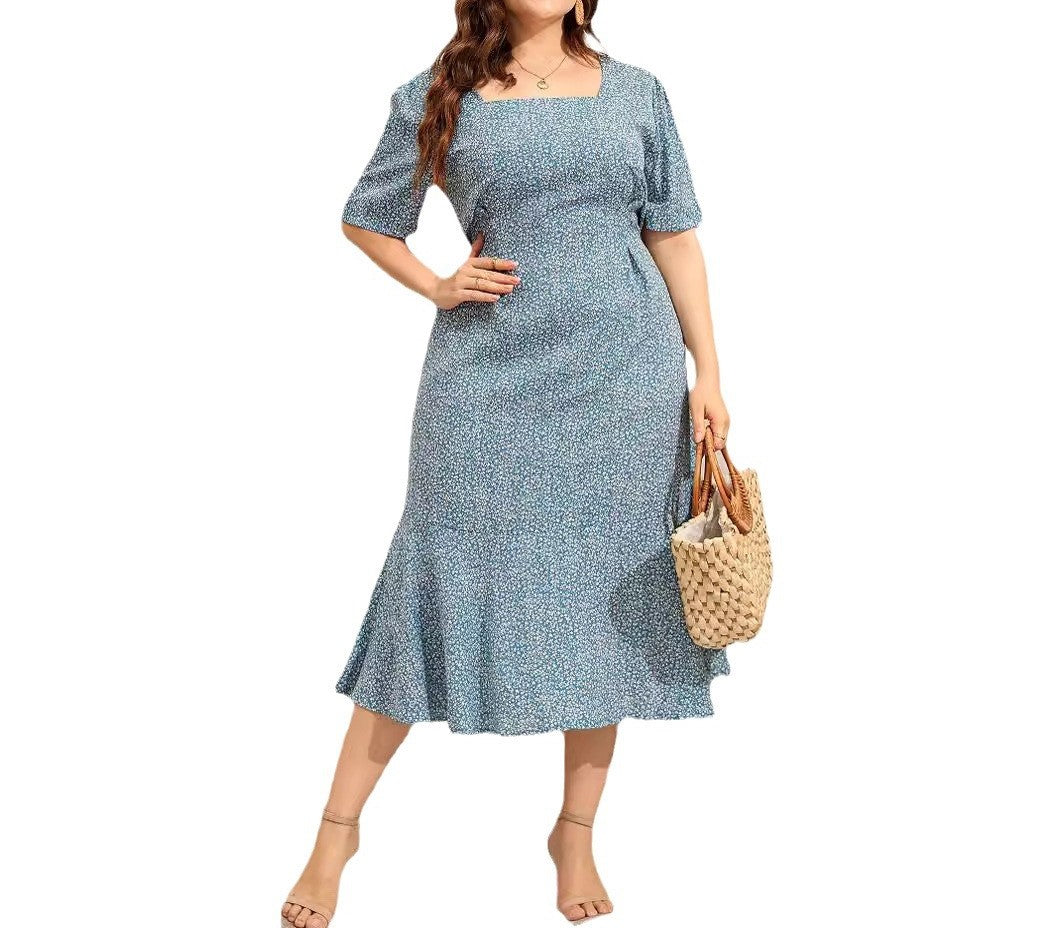 Plus Size Women's Square Neck Floral Dress with Short Sleeves, Slim Fit Mermaid Maxi Dress, Elegant Floral Print Occasion Dress