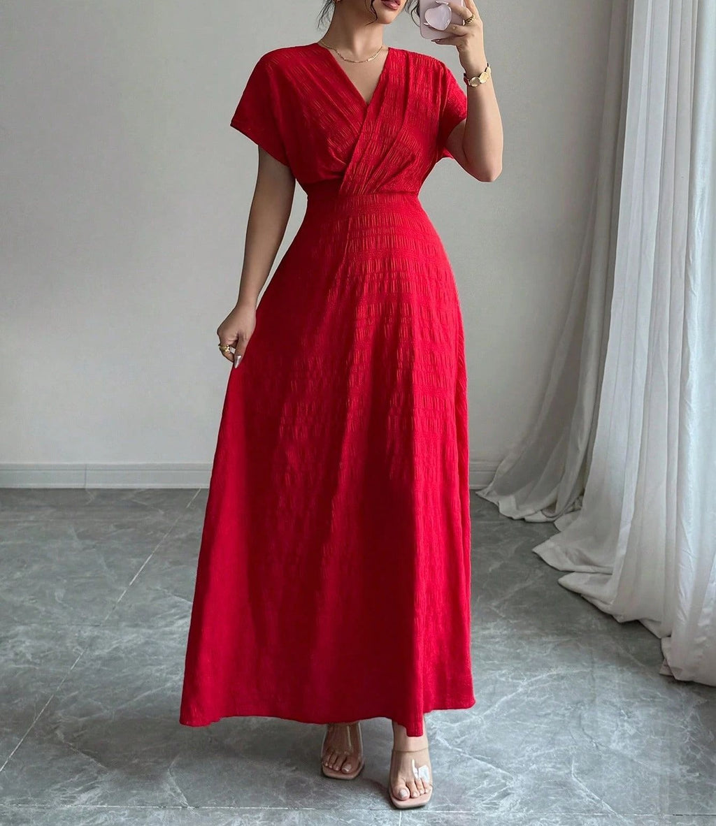Women's Red V-Neck Pleated Long Dress – Elegant Slim Fit Maxi Dress for Party, Wedding, Evening, Holiday & Special Occasions