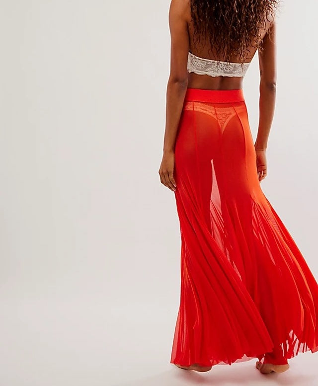 Women's Mesh High-Waisted Long Skirt - Elegant Sheer Layered Maxi