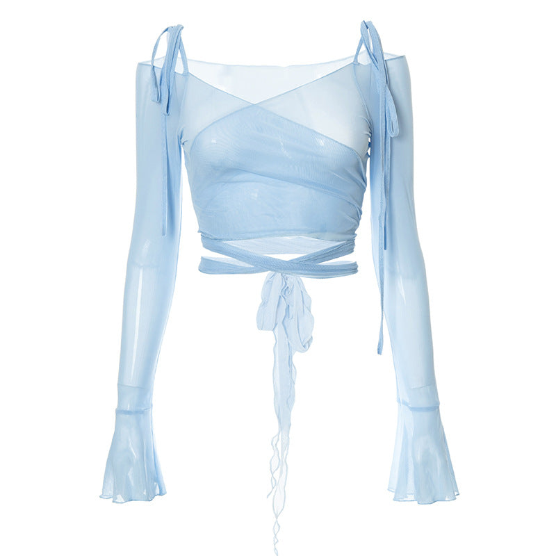 New Spot Mesh Perspective Horn Sleeve Top