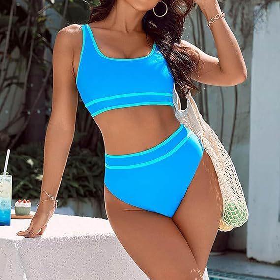 Sporty Color-Match High-Waist Bikini Set with Vest Top
