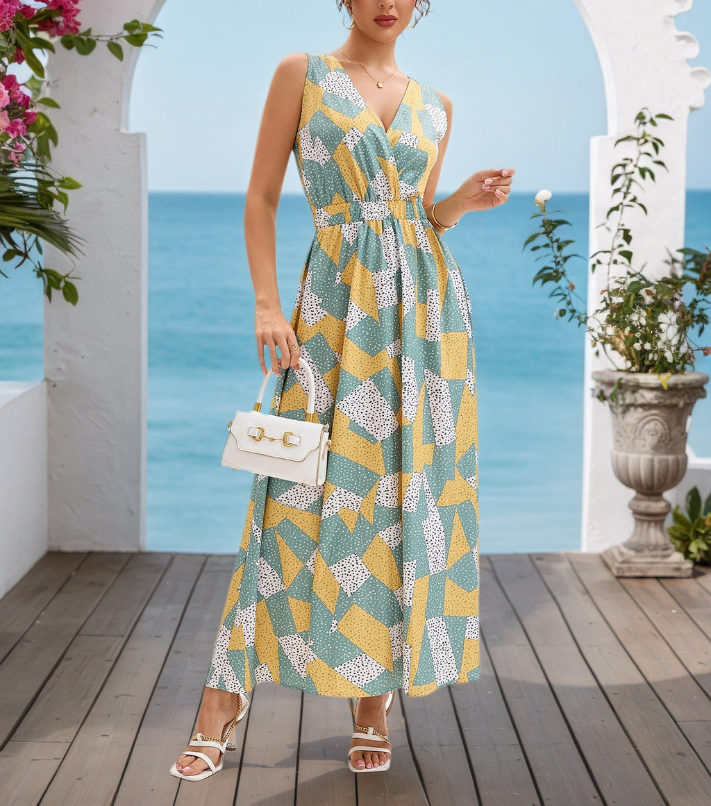 Women's Holiday Style Asymmetrical Geometric Print Sleeveless V-Neck Elegant Maxi Dress