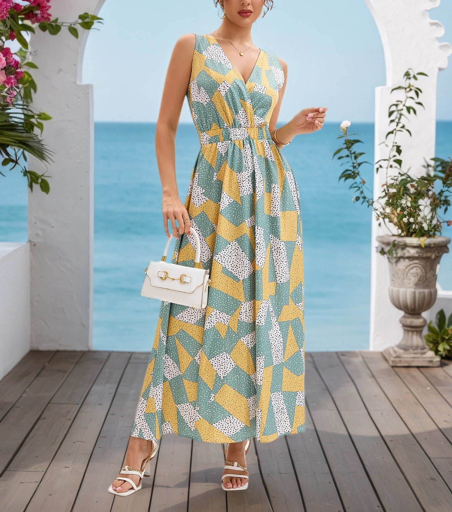 Women's Holiday Style Asymmetrical Geometric Print Sleeveless V-Neck Elegant Maxi Dress