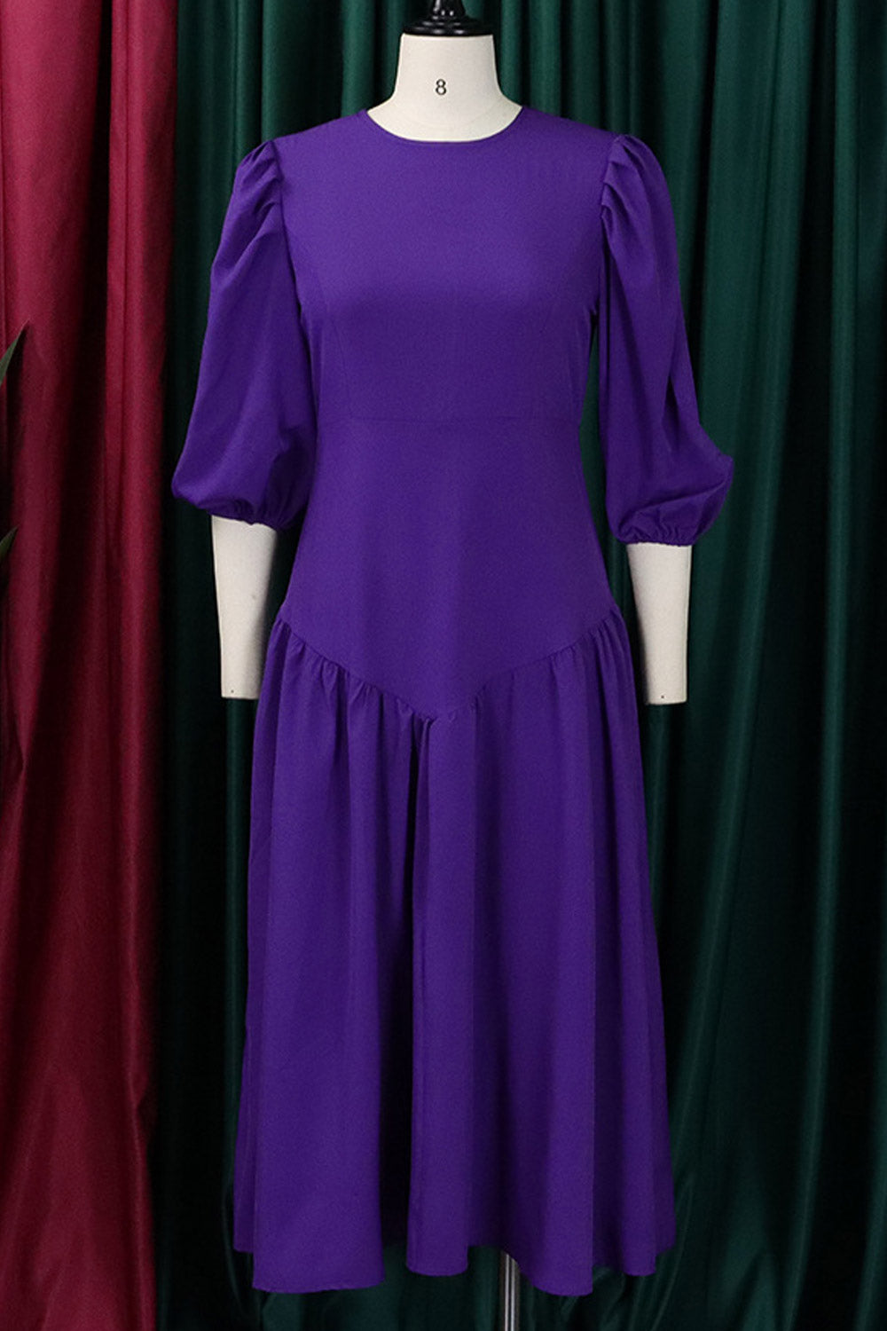 Women Plus Round Neck High Waist Elegant Half Puff Sleeve Dress