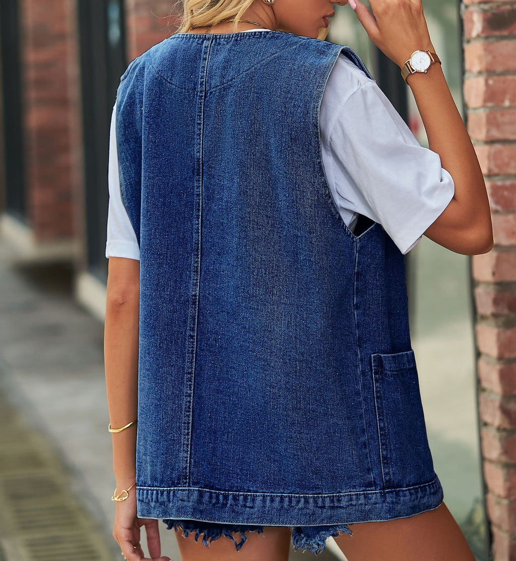 Women’s New Washed Denim Vest – Slim-Fit Sleeveless Jean Top