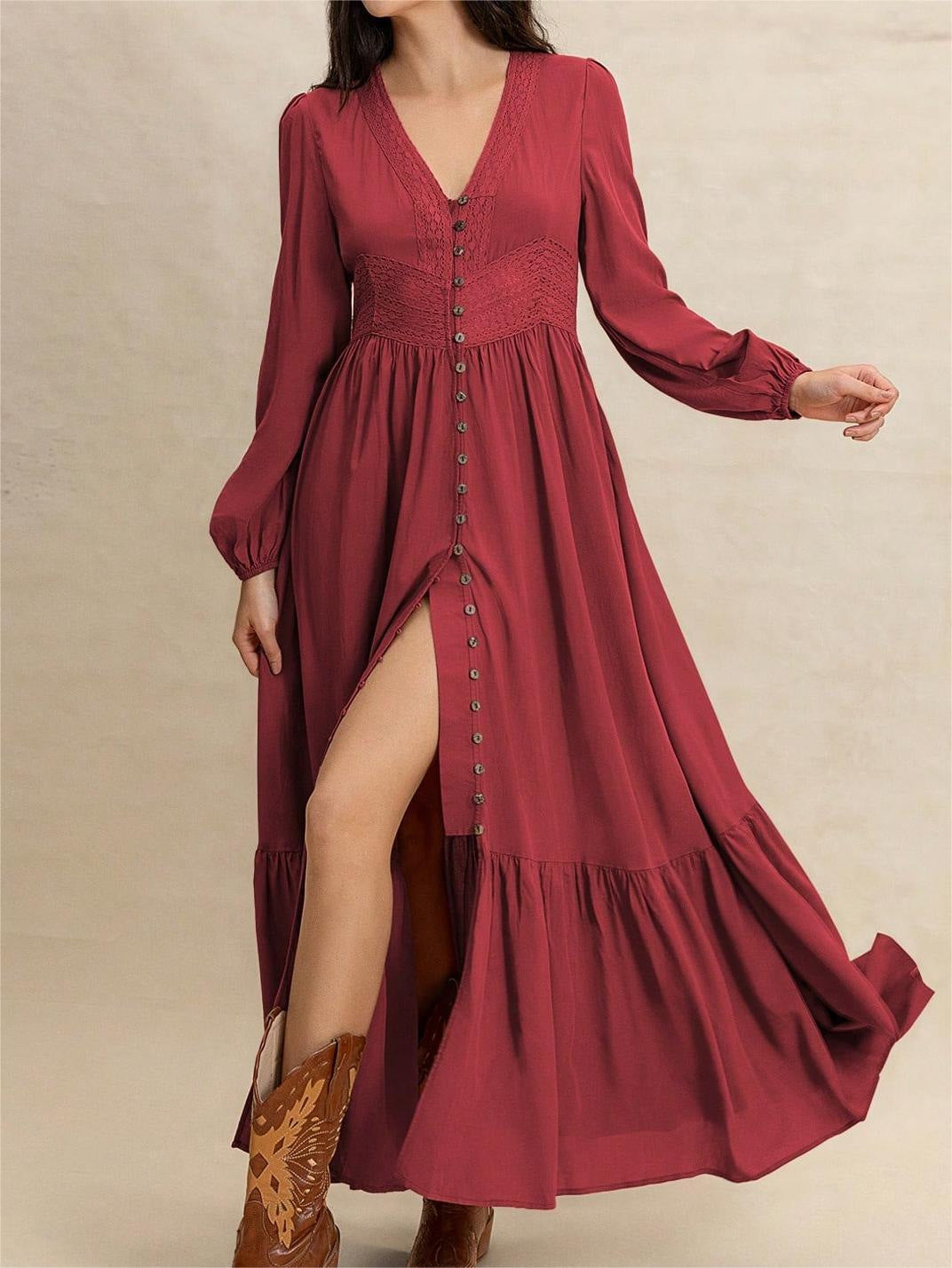 Women's Solid Color Long Sleeve V-Neck Button Front Lace Patchwork Waist-Defined Split Midi Dress