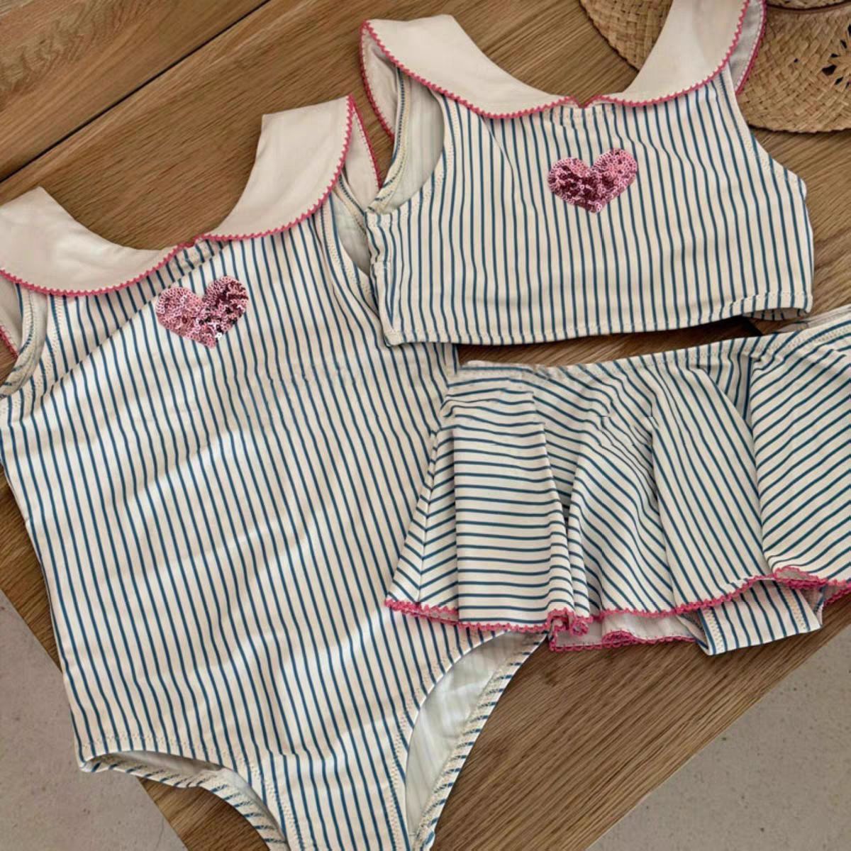 Summer Baby Girls’ Striped Heart Doll Collar One-Piece Swimwear Set - RAC26JP5463BATSW