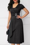 Women Short Sleeve Elegant Solid Pattern Mid Length A-Line Skirt Wonderful Classy Dress