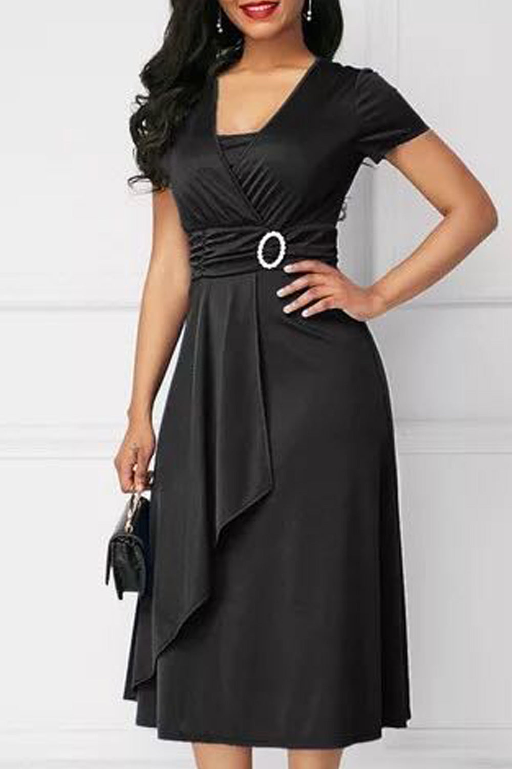 Women Short Sleeve Elegant Solid Pattern Mid Length A-Line Skirt Wonderful Classy Dress