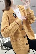 Women Knitted Ribbed Cuff V-Neck Button Closure Solid Pattern Weekend Cardigan