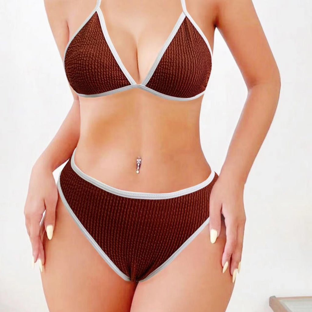 New Solid Color Lace-Up Neck Bikini with High Waist & Backless Split Design