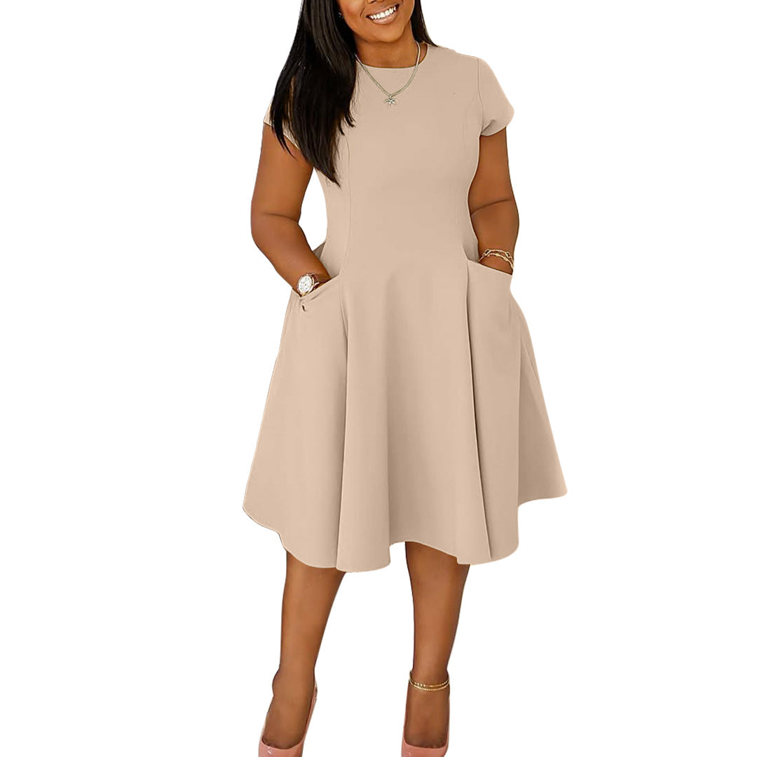 Women's Spring & Summer Casual Slim A-Line Midi Dress with Pockets – Round Neck