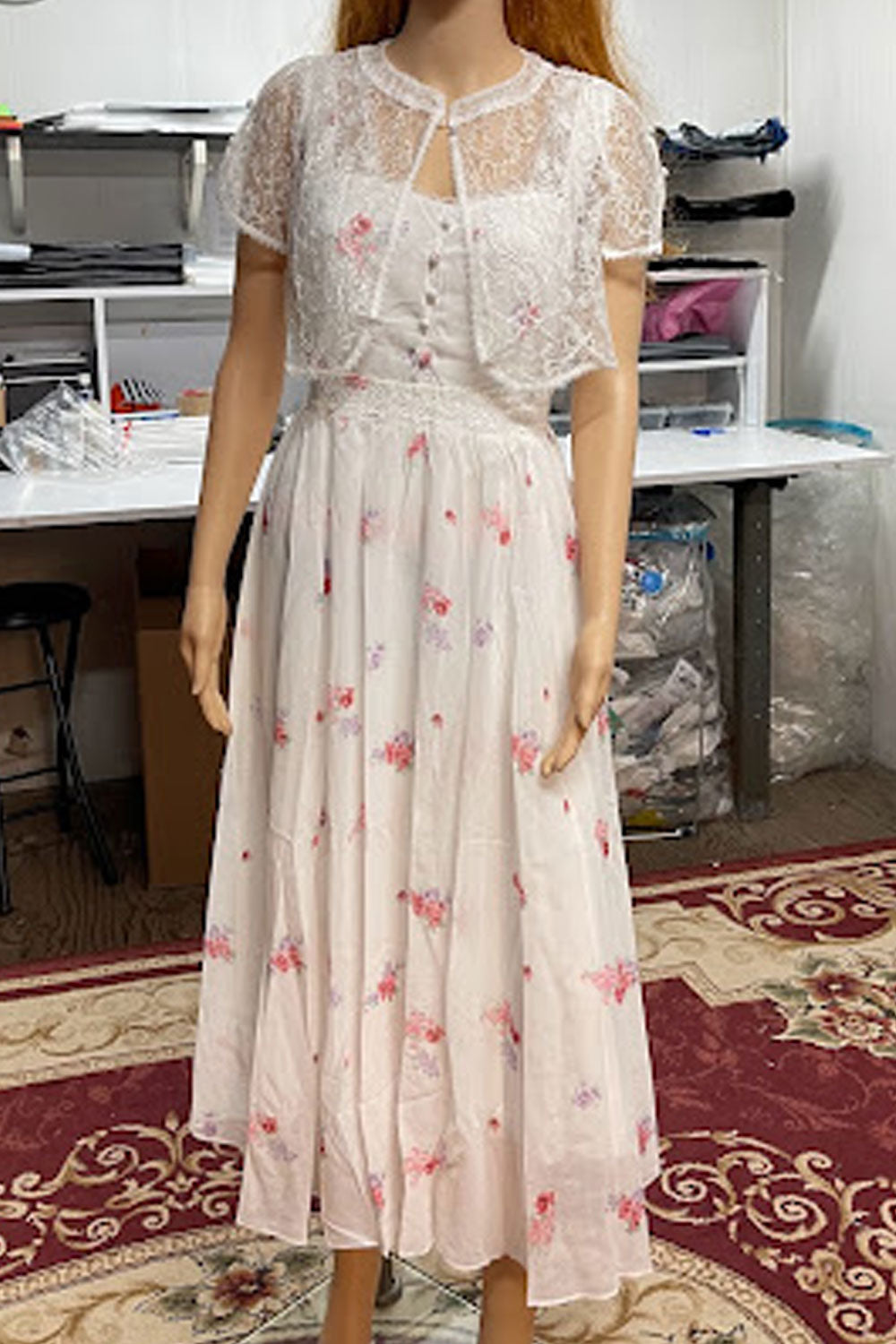 Women Fantastic Lace Crafted Top Attached Printed Pattern Round Neck Short Sleeve Fabulous Swing Dress