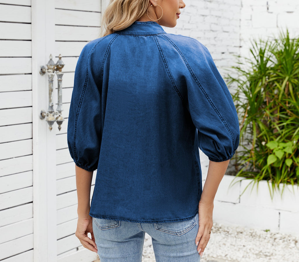 Spring New Women's Denim Shirt - Loose Fit, Tie Neckline, Bow Tie Top