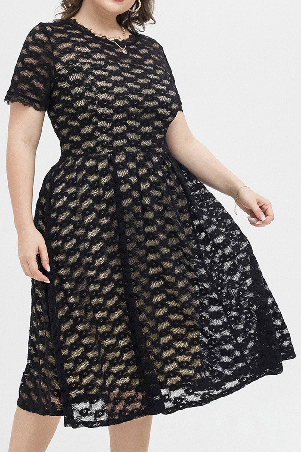 Women Plus Elegant Sexy Slim Round Neck Short Sleeve Lace Dres