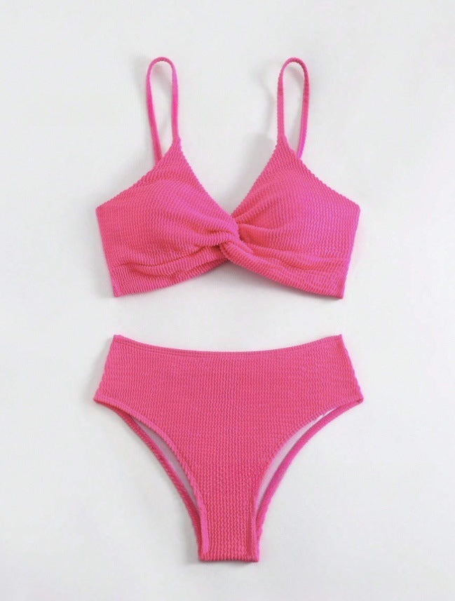 Solid Color Double Strap Low-Cut Bikini Set - High Waist Two-Piece Women's Swimsuit