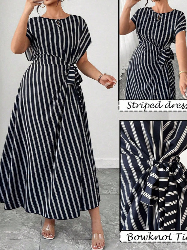 Women's Plus Size Striped Round Neck Tie-Waist Loose Fit Dress