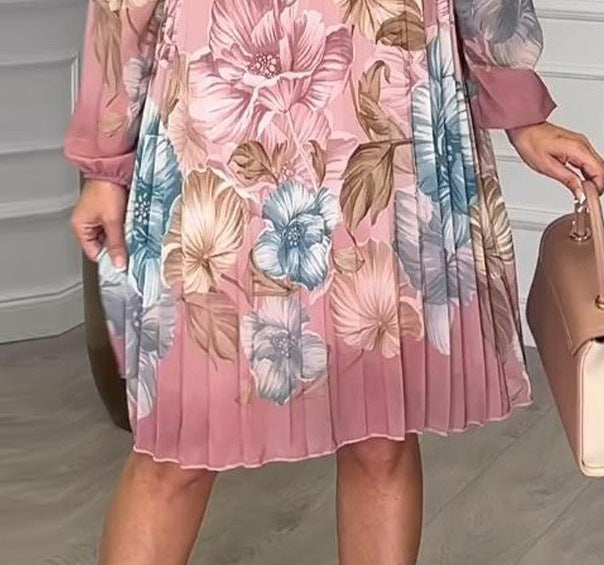 Women's Elegant Crewneck Puff Sleeve Pleated Printed Dress