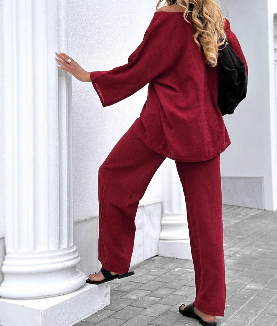 Women's Solid Color Round Neck Top & Drawstring Loose Pants 2-Piece Set