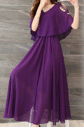 Women Restful V-Neck Breathable Short Sleeve Long Length Pleated Styled Amazing Solid Colored Dress