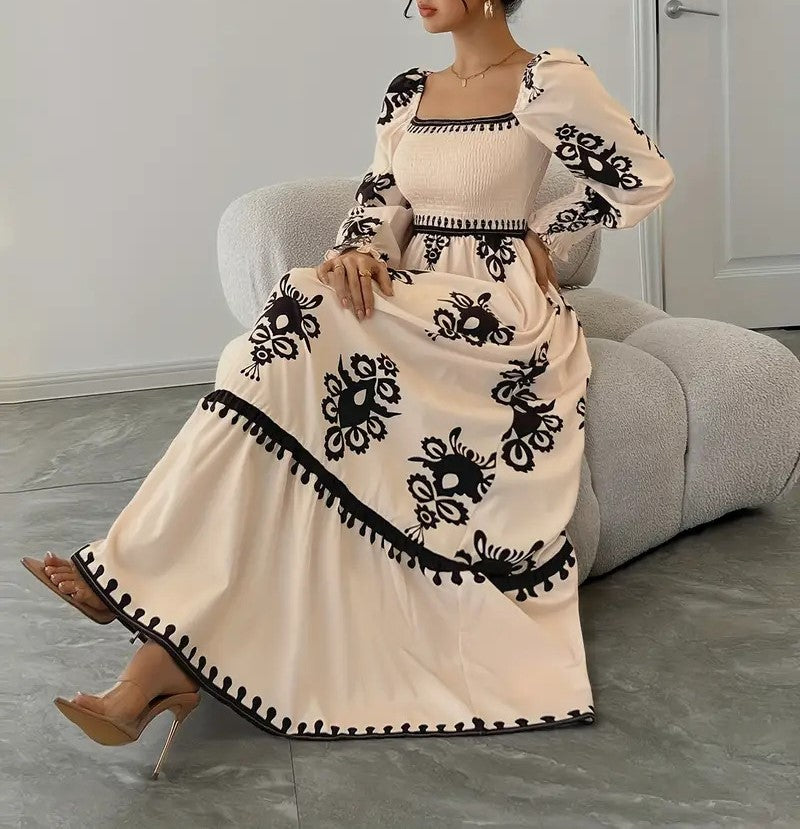 Women's Elegant Printed Square Neck Beach Dress Casual Vacation Midi Dress