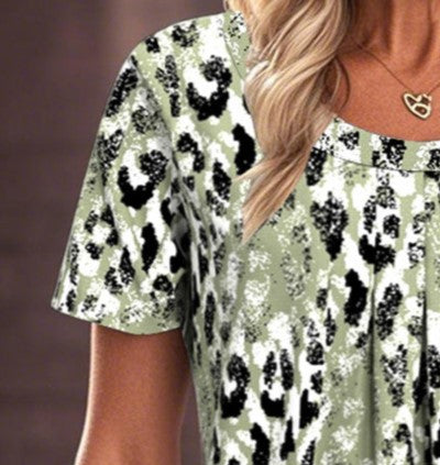 Women's Printed Crew Neck Pleated Short Sleeve Top – Casual Everyday Fashion Blouse