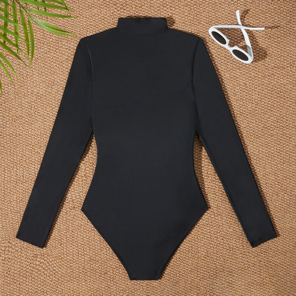Solid Color High Neck Long Sleeve Zipper Front Bikini Suit for Women