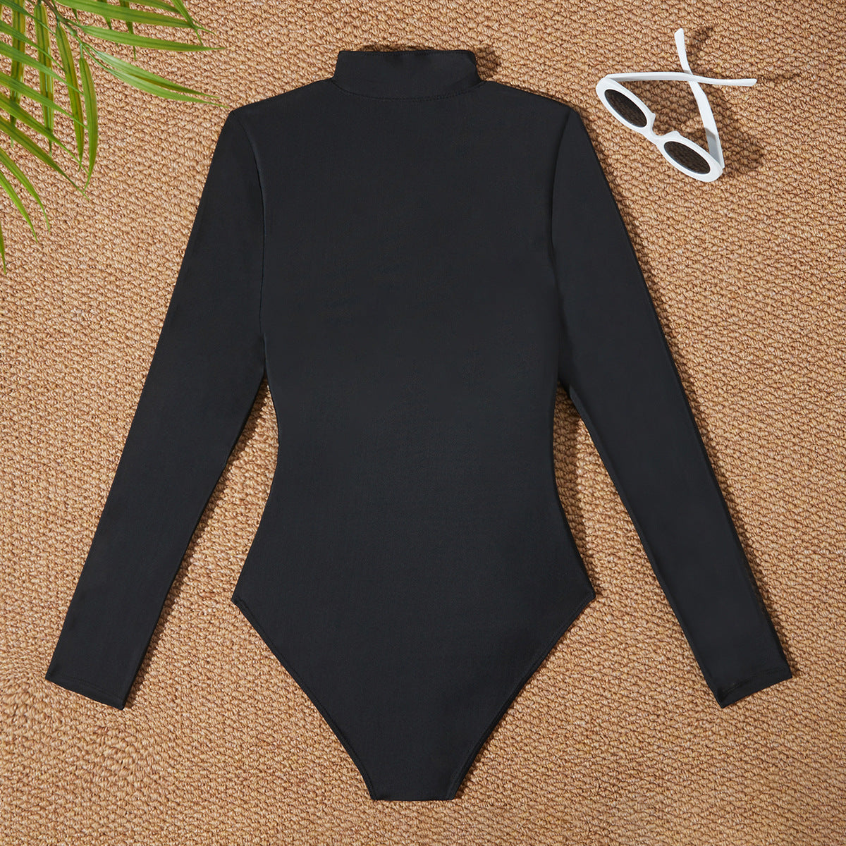 Solid Color High Neck Long Sleeve Zipper Front Bikini Suit for Women