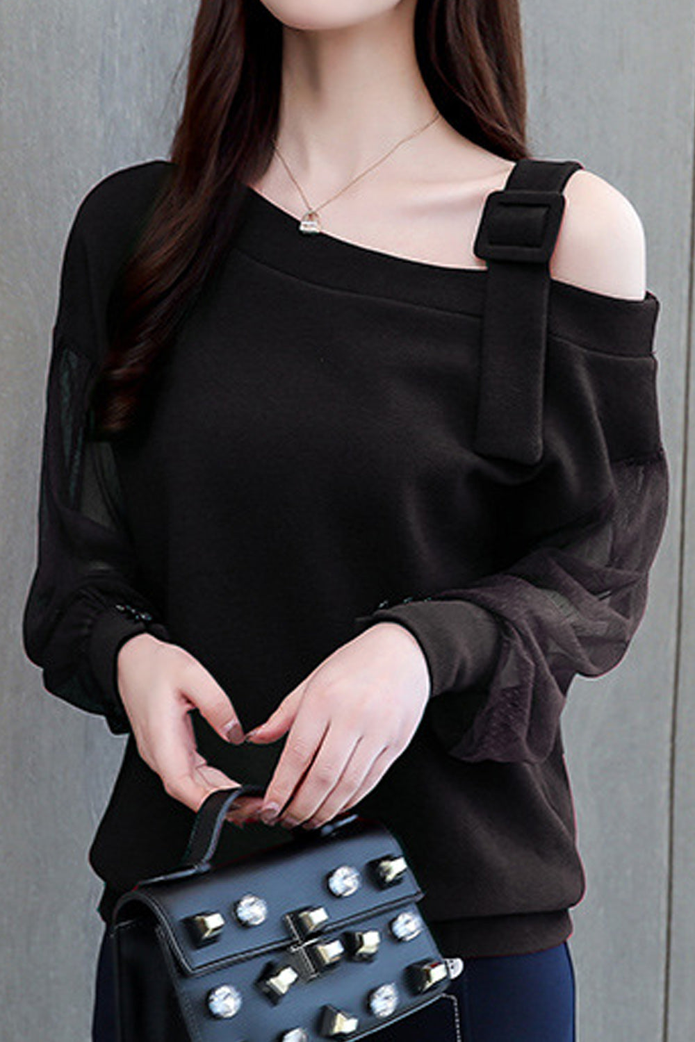 Women Tremendous Solid Colored See Through Lantern Sleeves Oblique Neck Ribbem Hem Casual Shirt