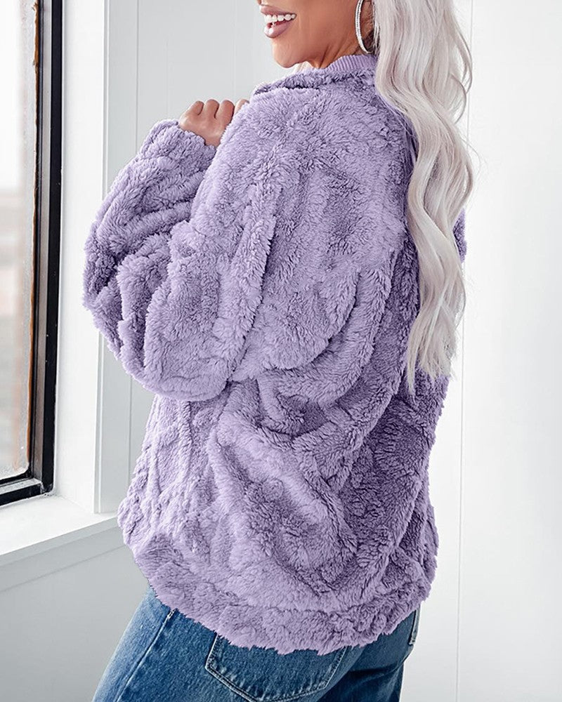 Autumn/Winter Solid Color Half-Zip Stand Collar Plush Pullover Sweatshirt