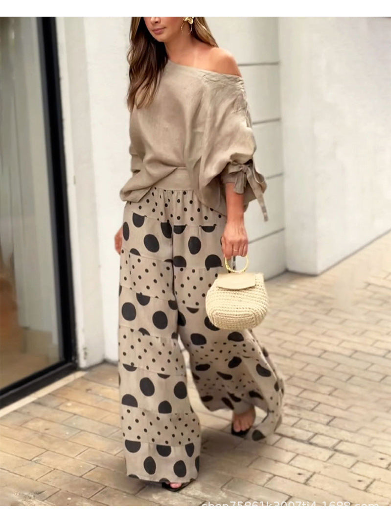 Women's Casual Shoulder Print Top & Matching Pants 2-Piece Outfit Set