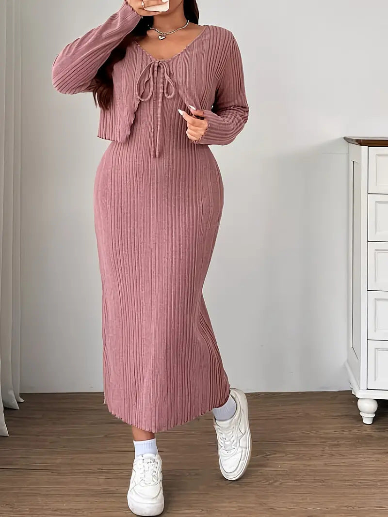 Women's Plus Size Lace-Up Knitted Suspender Dress Two-Piece Set Long Sleeve Autumn Winter Casual Outfit