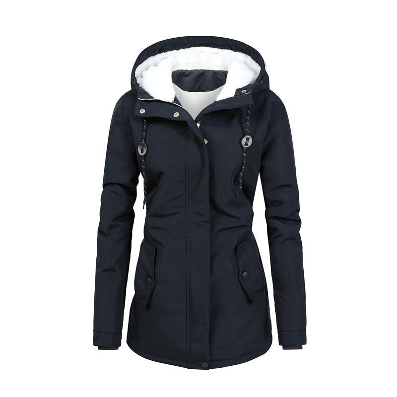 Autumn and Winter Zipper Imitation Silk Cotton Mid-Length Jacket