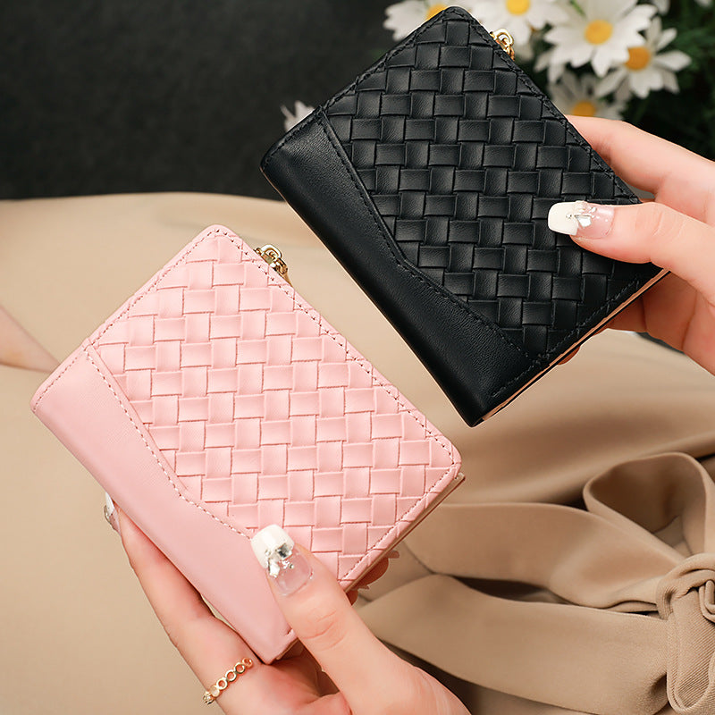 Women's Short Coin Purse with Multiple Card Slots, Coin Clip Wallet, Fashionable Woven ID Bag, Patchwork Design
